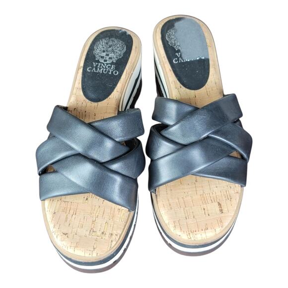 Vince Camuto Vivistie Wedge Slide Sandals‎ Black Leather Women's Size 9M - Picture 1 of 9